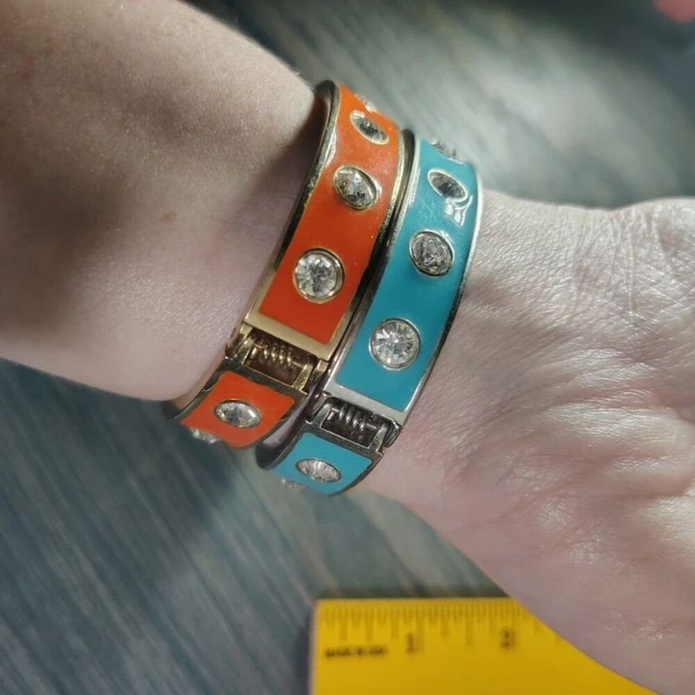 Orange & Turquoise Oval Rhinestone Enamel Bangles - Picture 3 of 6